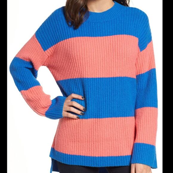 BP. for NORDSTROM Women's Pink/Blue Striped Oversized Hi-Low Hem Sweater sz XS - Picture 1 of 7